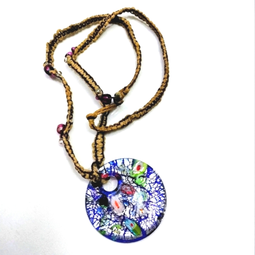 Women's Handmade Glass Pendant Beaded Macrame Hemp Festival Necklace